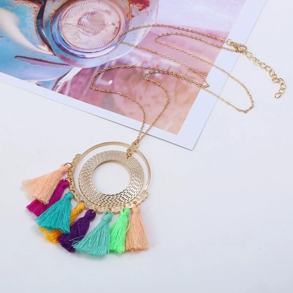 *CICELY* Round Multicolor x Gold Pendant Tassel Style Necklace